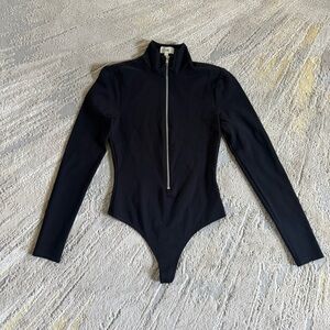 Revolve LPA black bodysuit long sleeve zip front silver zipper mock neck small